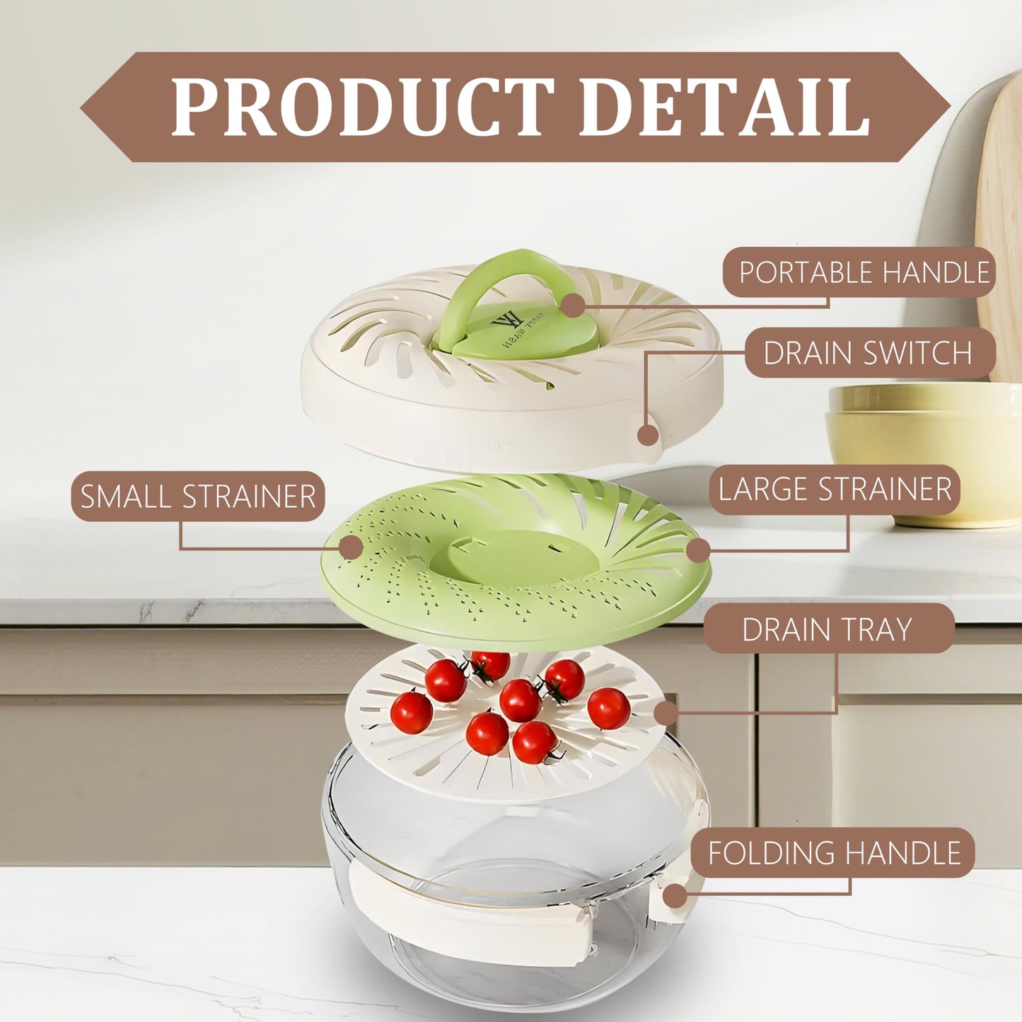 Fruit Washing Bowl with Strainer and Lid with Handle, Portable Strainers and Colander for Kitchen, Vegetable Wash Drain Basket, 3 in 1 Berry Fruit Storage Containers for Fridge Kitchen Picnic Outdoor