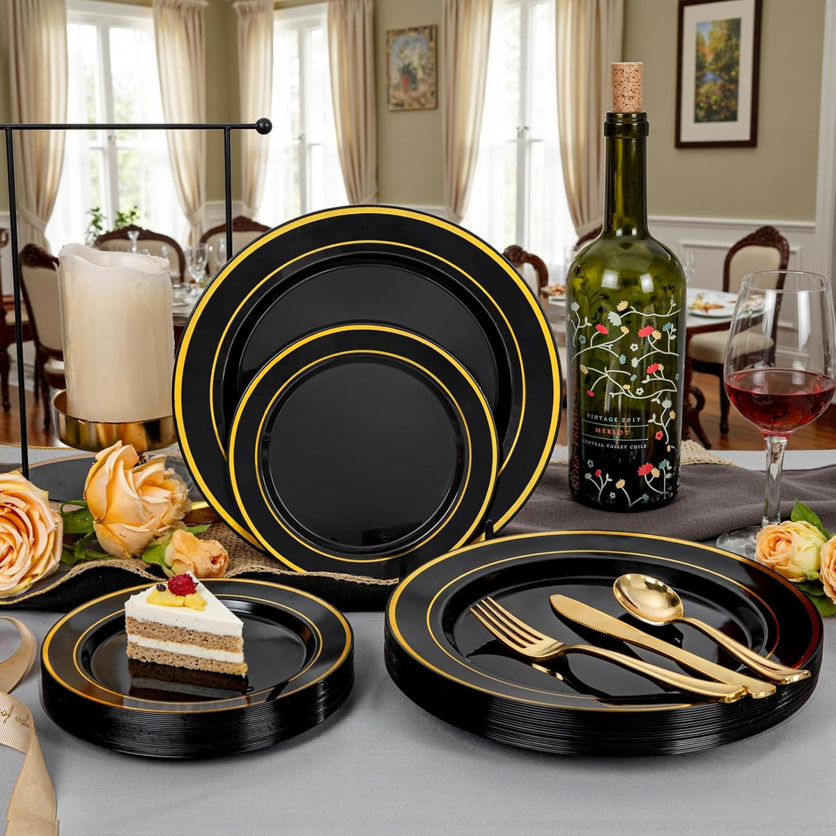 WDF 200PCS Black and Gold Plastic Plates - Black Plates Disposable for Party - Heavy Duty Plastic Plate for New Year