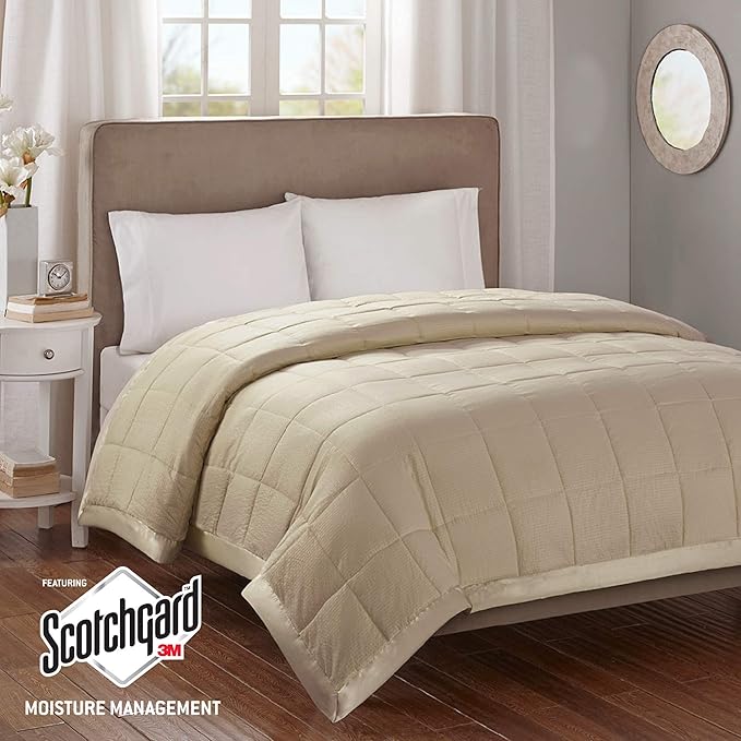 Madison Park Cambria Down Alternative Blanket, Premium 3M Scotchgard Moisture Wicking Treatment, Lightweight and Soft Bed Cover For Summer with Satin Trim, Oversized Full/Queen Taupe