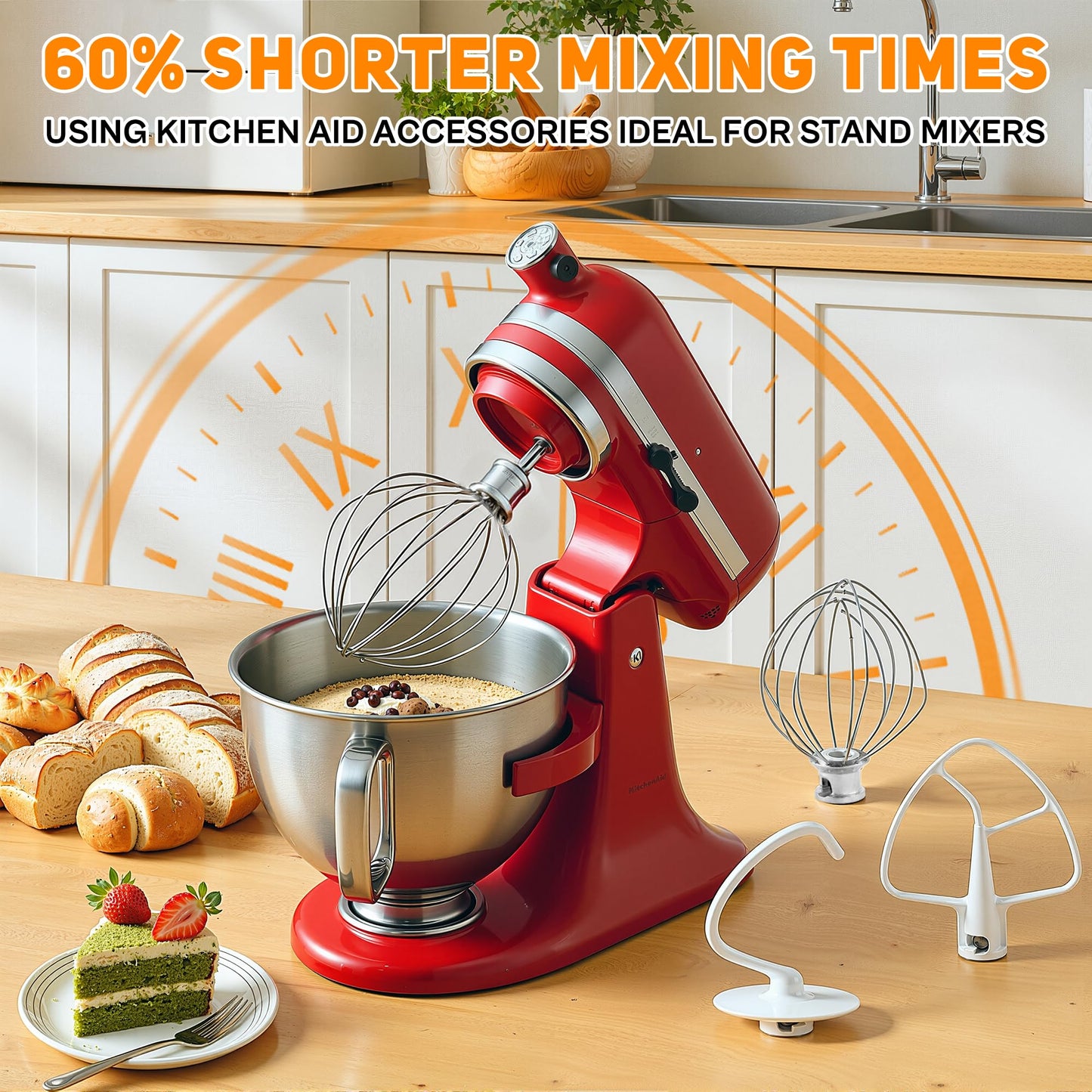 3 Pack Mixer Attachments for Kitchen Aid 4.5-5 Quart Tilt-Head Stand Mixers, Heavy-Duty Metal,Includes K45DH Dough Hook, K45B Flat Beater,K45WW Wire Whip, Dishwasher Safe Replacement Kit by TOMOON
