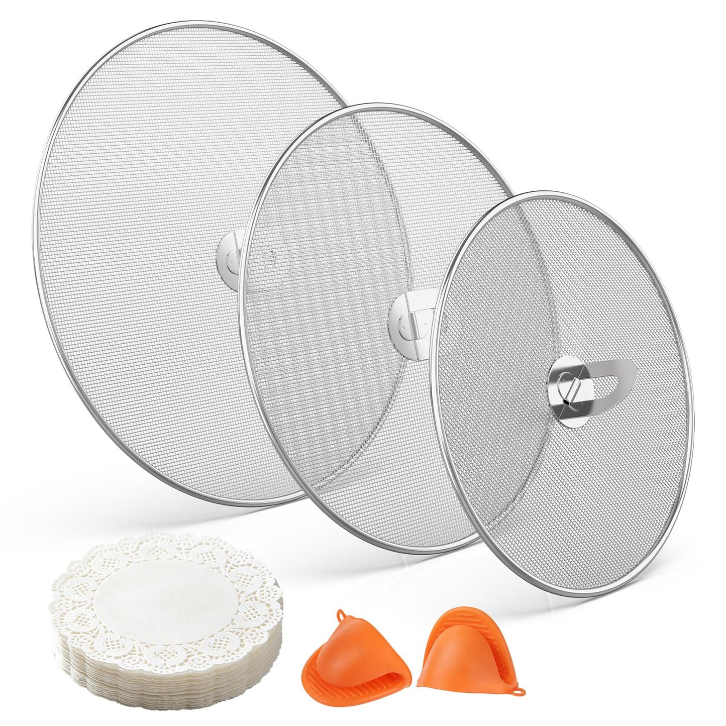 SHAOKAOLU Splatter Screen for Frying Pan Set, 3 Pack (10", 11.5", 13") Stainless Steel Grease Splatter Guard with Foldable Handle, Fine Mesh Oil Splash Screen with Silicone Oven Mitts, Dishwasher Safe