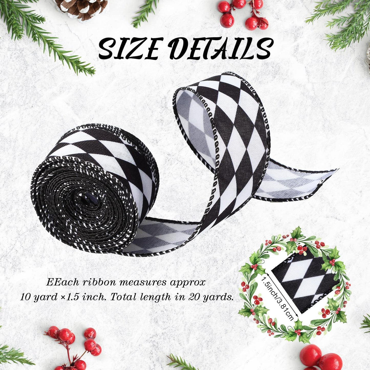 Luinabio 3 Rolls 30 Yard 1.5 Inch Christmas Black White Harlequin Ribbon Checkered Wired Ribbon Decorative for Xmas Fall Tree Wrapping Wreath Bouquet Crafts (Classic Style)