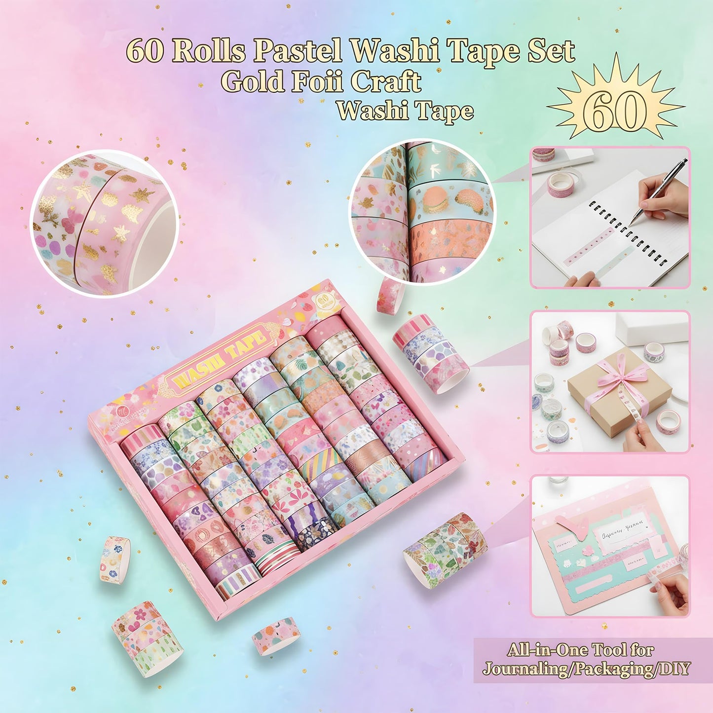 Sifaolp 60 Rolls Washi Tape Set, 15 mm Gold Foil Cute Pattern Floral Decorative for Journaling Supplies