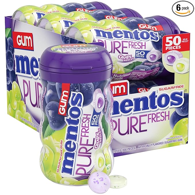 Mentos Pure Fresh Sugar-Free Chewing Gum with Xylitol, Grape Medley, 50 Piece Bottle (Bulk Pack of 6)