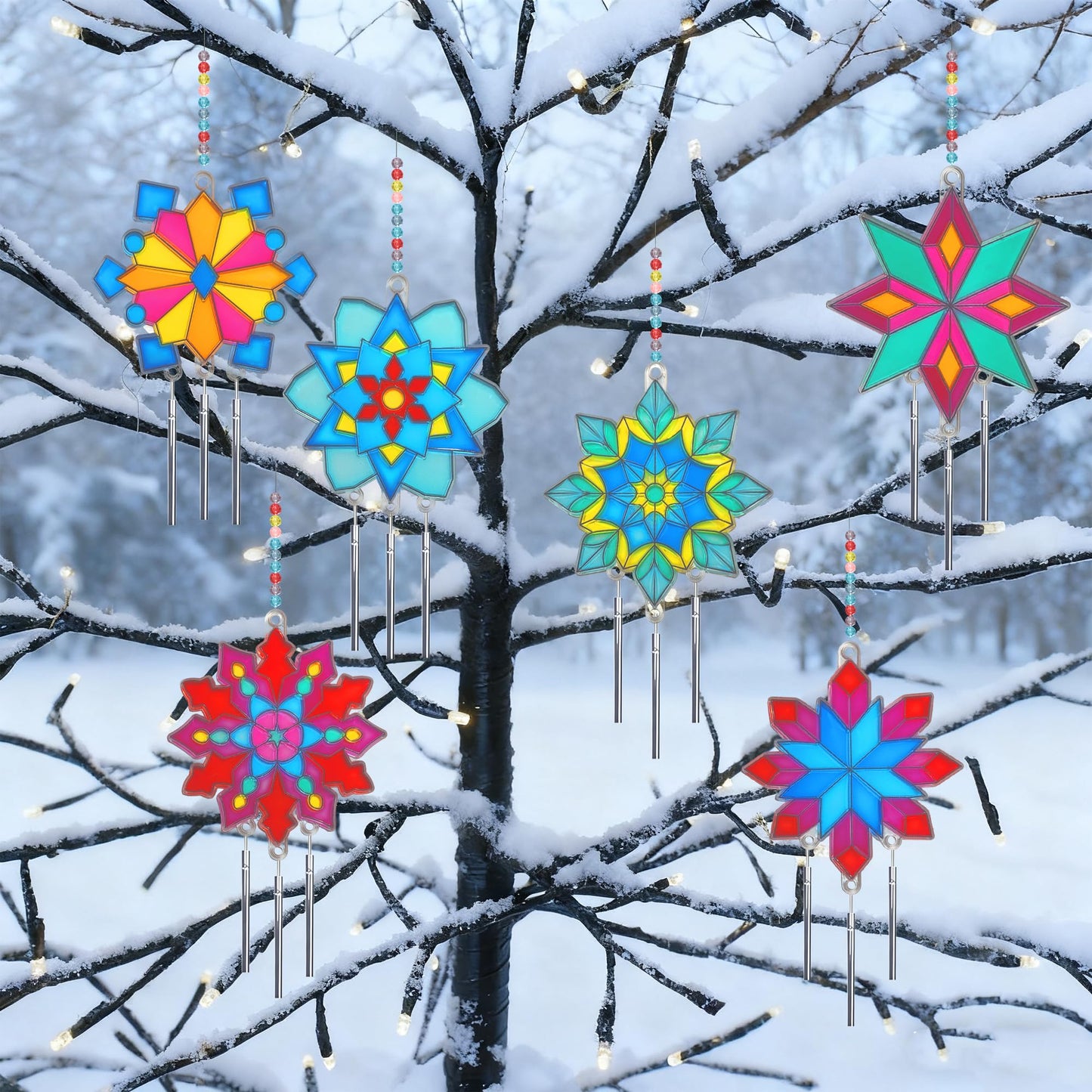 Ayhuhra 30 Sets Winter Snowflake Wind Chime Suncatchers Craft Kits DIY Window Paint Art Kit Christmas Snowflake Craft for Classroom Winter Christmas Holiday Seasonal Activities Art Project