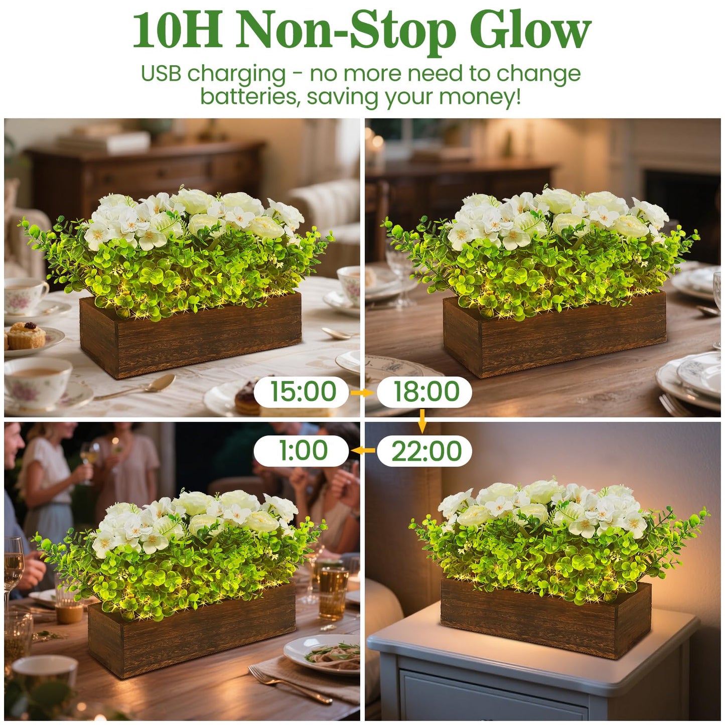 14" Artificial Peony Hydrangea Flowers Arrangement in Rectangular Wooden Planter Box, Rechargeable LED Faux Plants with Remote, Table Centerpieces for Dining Room Coffee Living Room Easter Home Decor
