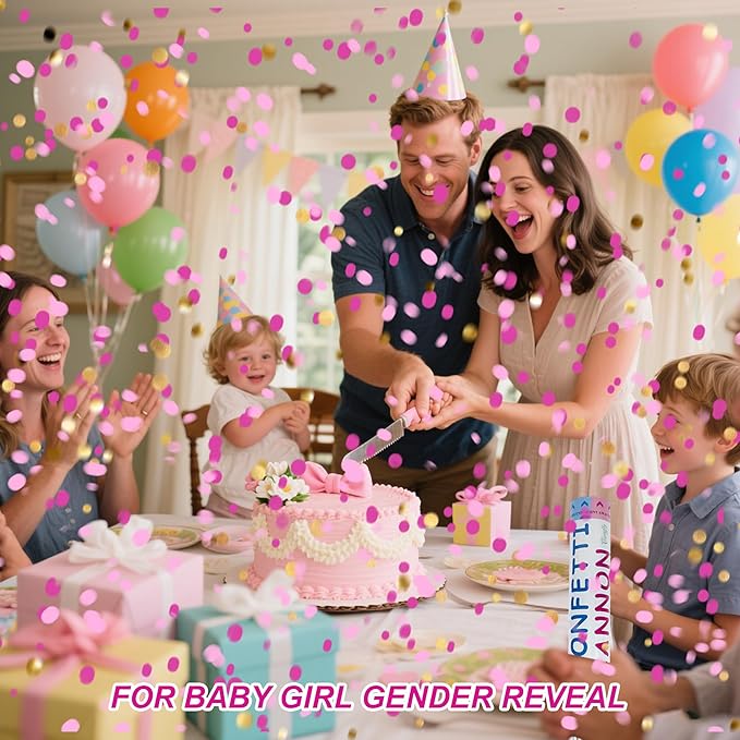 2 Pack Gender Reveal Confetti Cannon, 12 in Pink Round shaped Paper Party Poppers Cannons, Confetti Poppers For Baby Girl Gender Reveal Baby Showers (Round, Pink)