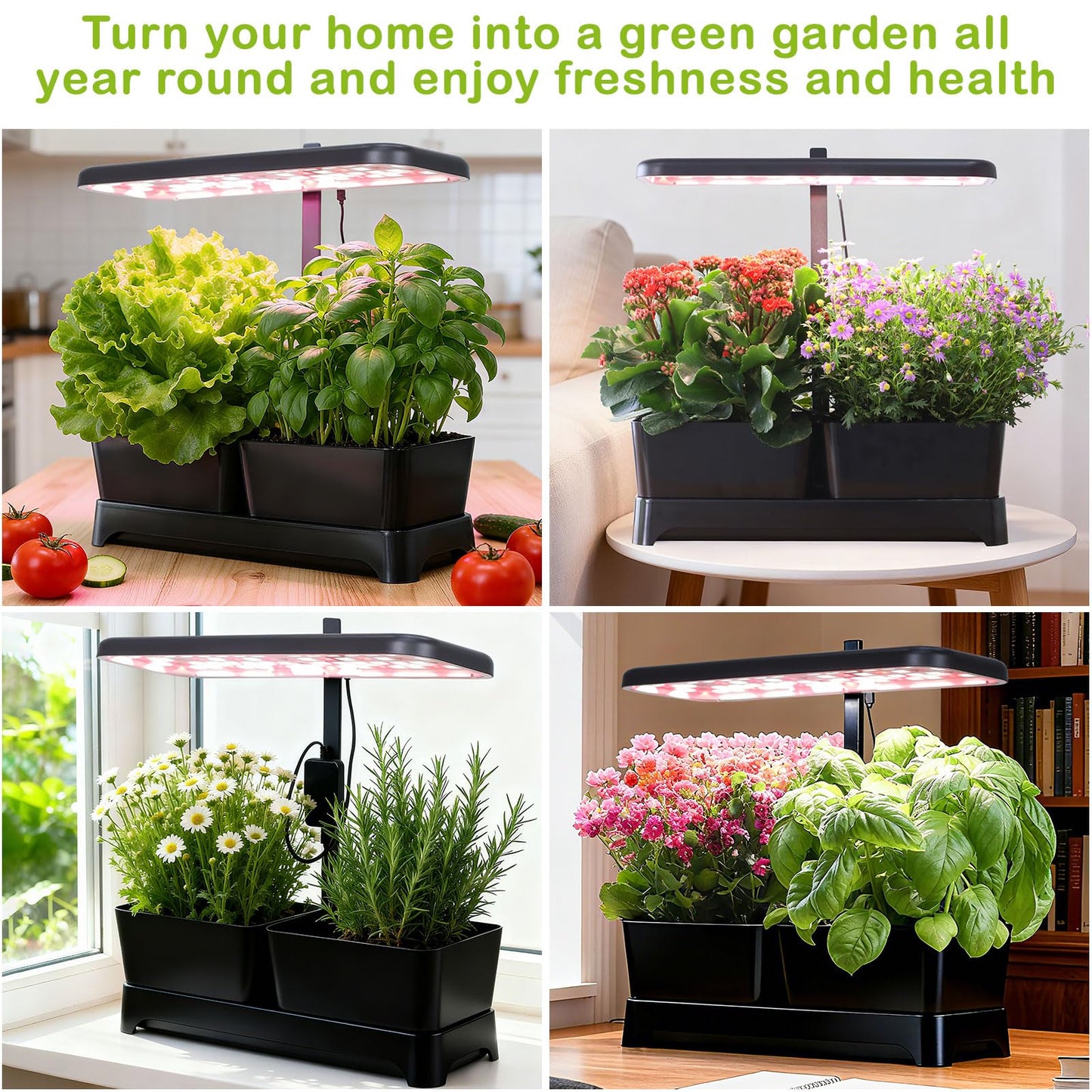 Indoor Herb Garden with Grow Light & Pots, Full Spectrum LED Planter for Kitchen Herbs & Houseplants, Height Adjustable Indoor Growing System for Home & Apartment Decor(Black, 16 * 6.3 * 7.1 inch)