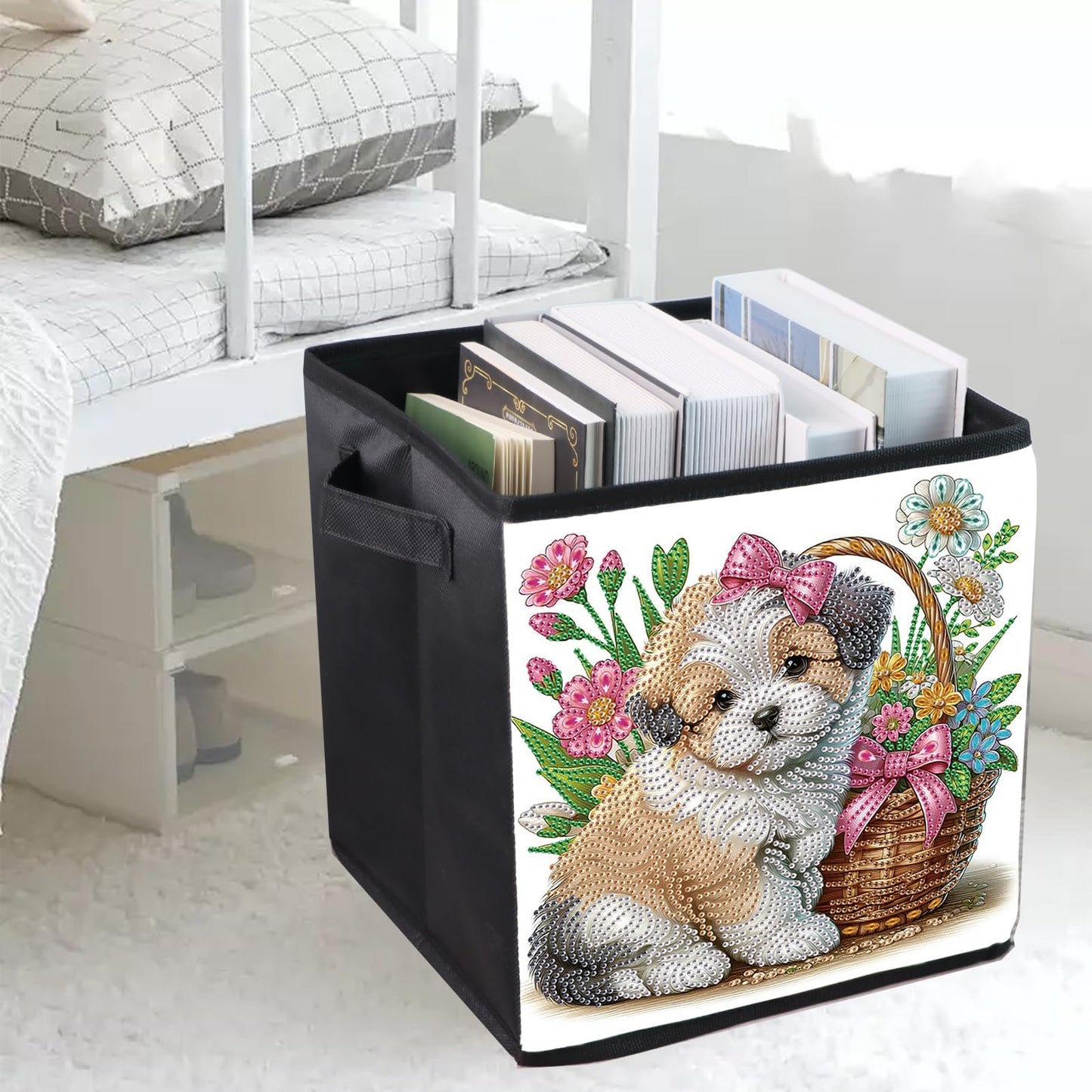 JZHYOAN Dog Diamond Art Large Storage Basket with Baseplate, Foldable Dispenser Cubes, DIY Special Pattern Large Storage Cubes, Living Room Bedroom Home Office Organization Box
