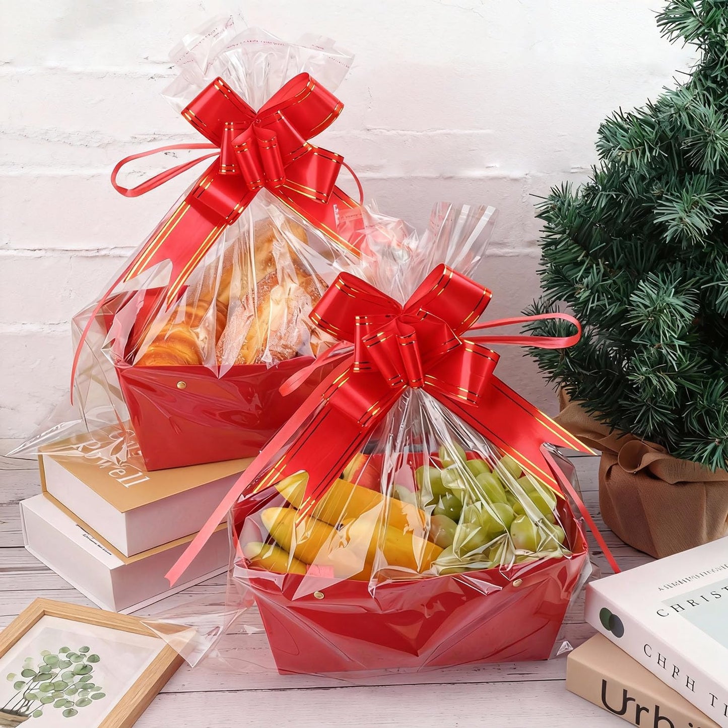 Yiksonyo 15-Pack Red Gift Baskets Empty, Kraft Gift Basket Kit with Bags & Bows, Large 10 x 6.5 x 4.3 inches Red Kraft Gift Basket for Christmas, Birthday, Wedding, DIY and More