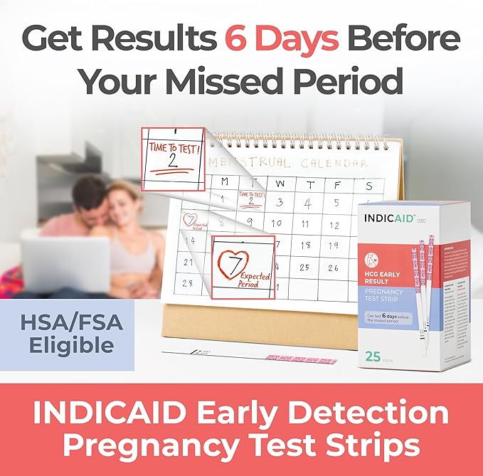 INDICAID Early Detection Pregnancy Test Strips - 25 Tests - hCG Test Early Result 6 Days Before Missed Period - High-Sensitivity Easy at-Home Pregnancy Tests - Rapid Results in 5 Minutes