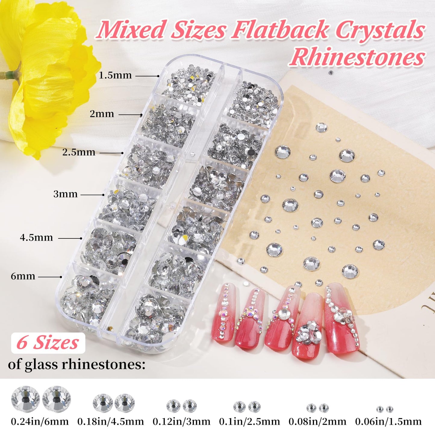 10 Boxes Nail Rhinestones Gems Kit,Gold/Silver Metal Studs,Mixed Sizes Flatback Crystals Rhinestones,Half Pearls,Sequins,Foil Flakes with Tweezers & Dotting Tools for DIY Manicure