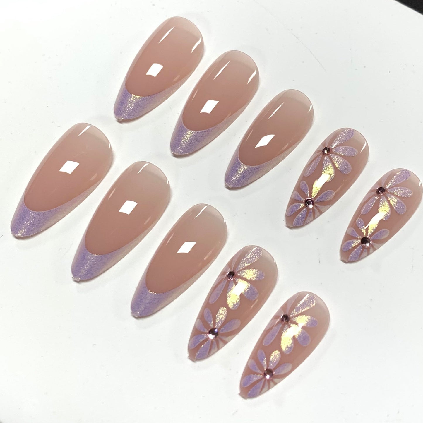 BABALAL Press On Nails, Medium Almond Fake Nails, White Chrome French Tip,Flower Design, Pearl Bling Glossy, Luxury Glue On Nails 24Pcs Reusable