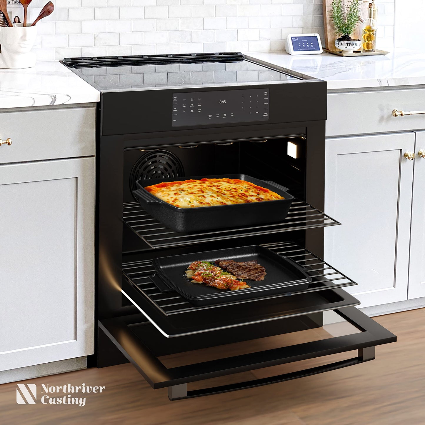 Northriver Casting 2-In-1 Pre Seasoned Cast Iron Dutch Oven With Skillet Lid,Casserole Dish,Rectangular Baking Pan,Griddle Pot Set, 6QT, 9"x13"