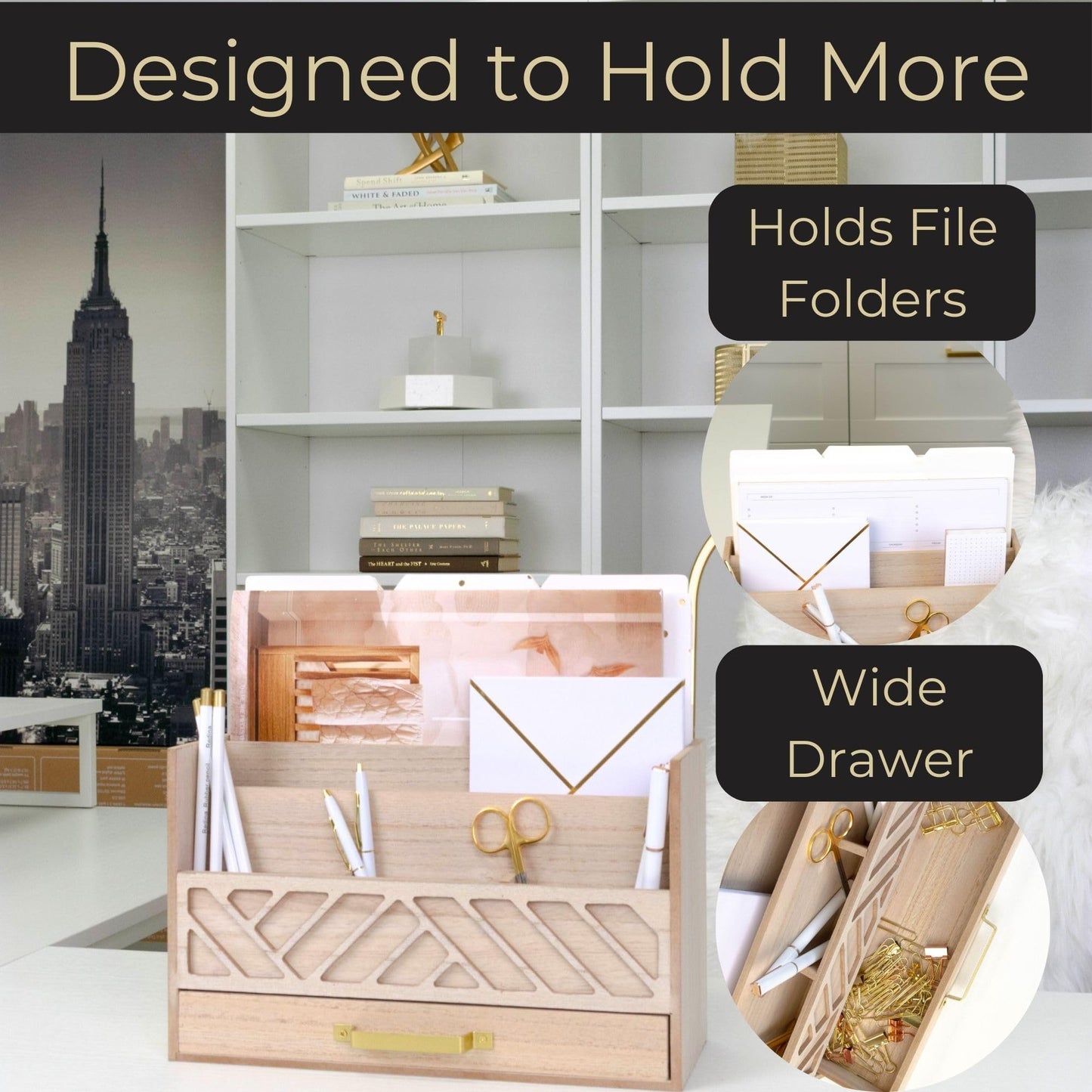 BLU MONACO | Wooden Mail Organizer with Drawer and Gold Handle | Outgoing Mail Holder and Letter Sorter for Desk | Natural Wood Desktop Paper Organizer