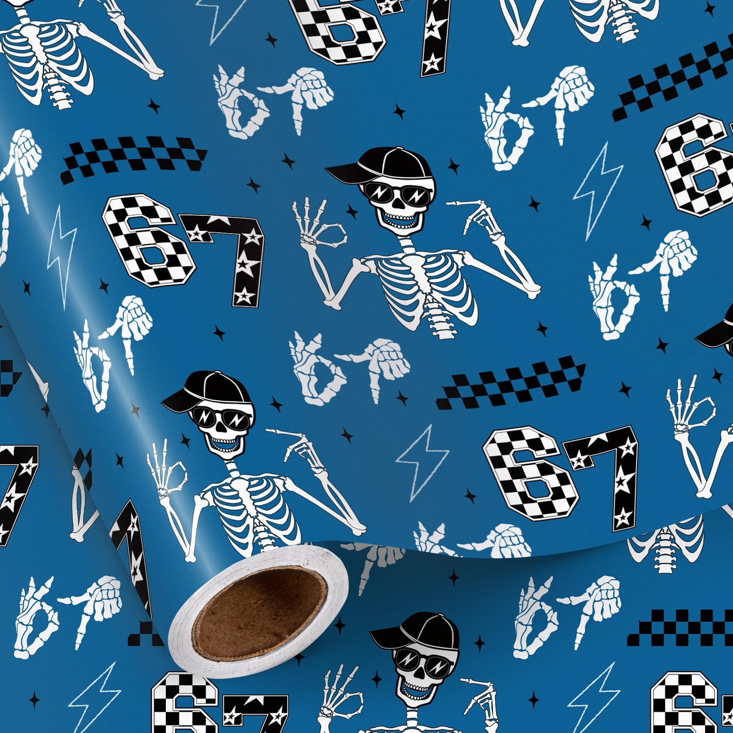 RUSPEPA 67 Skeleton Wrapping Paper Roll, Mini Roll, Blue Cool Street Style 67 Meme Design with Skeleton, Checkered & Lightning, Funny Gift Wrap for Kids, Boys, Teens, Birthday, 17 Inches x 16.4 Feet