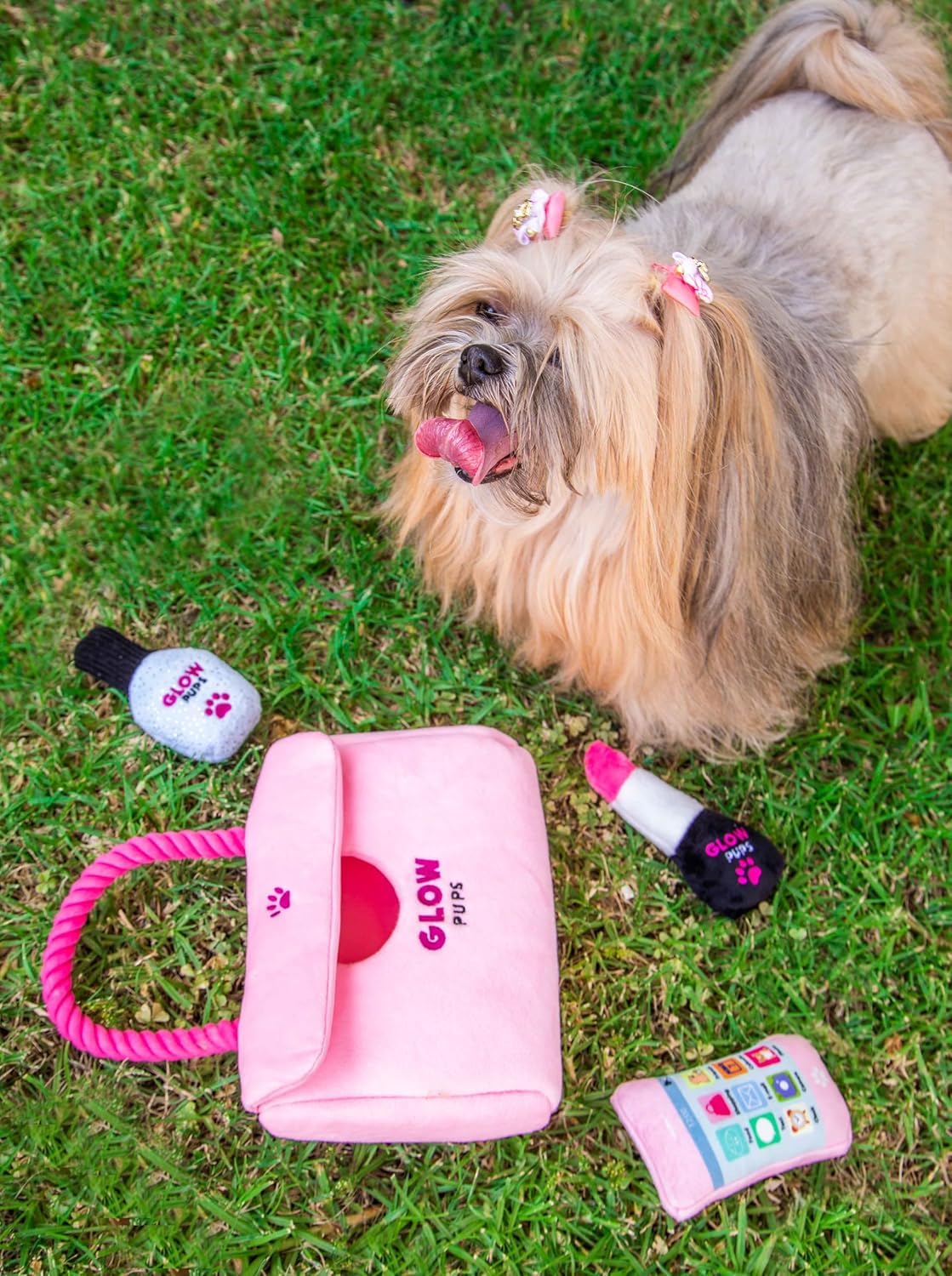 Glow Pups "Fashion Forward Walking Bundle: Pink Designer-Style Plush Purse Dog Toy Set (Includes Paw-Phone, Lipstick, Nail Polish) + Matching Light Pink Hands-Free Rope Dog Leash (5-Piece Set)