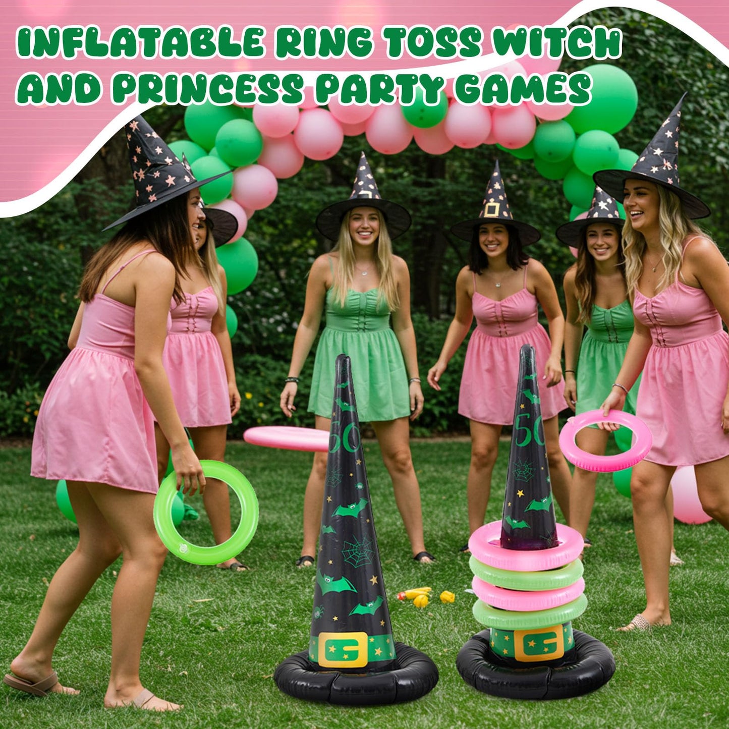 Leitee 10 Pcs Inflatable Witch Hat Ring Toss Game Set Carnival Pink and Green Inflatable Ring Toss for Witch Themed Birthday Party Decoration Indoors Outdoors(Macabre)