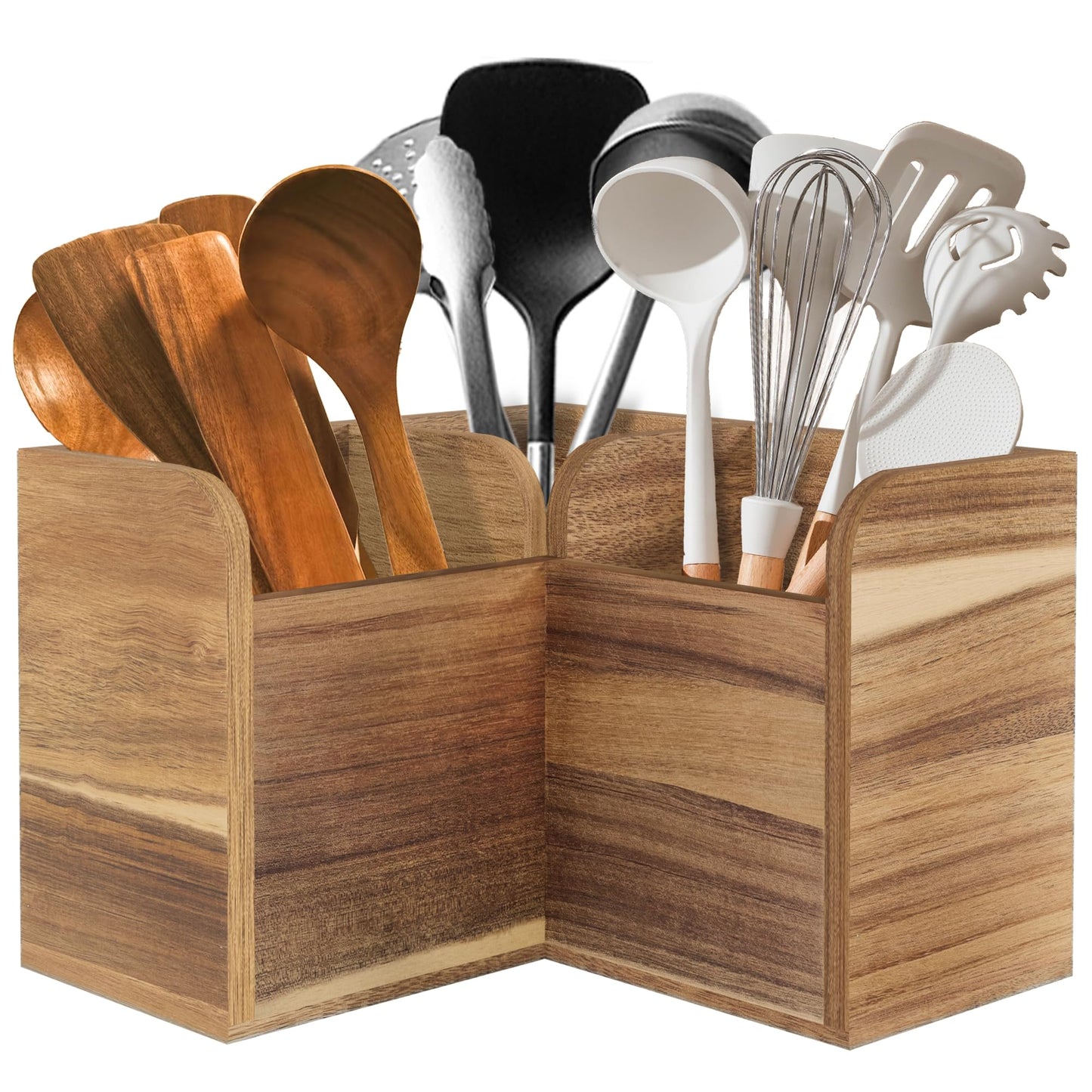 Vorisebo Acacia Wood Kitchen Utensil Holders for Countertop, Wooden Corner Utensils Holder with 3 Compartment, Farmhouse Utensil Caddy for Storage Cooking and Silverware, Opened Up Counter Space