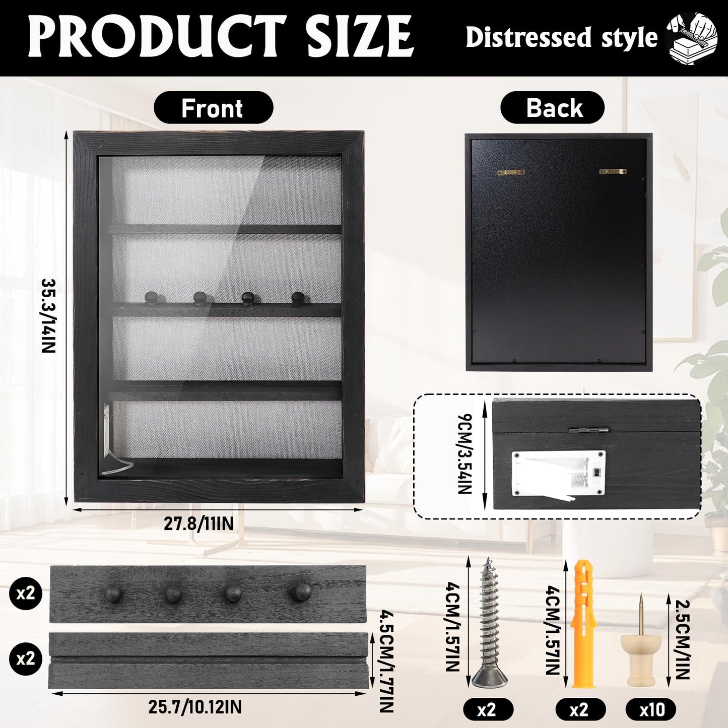 Shadow Box 14x11 Black Picture Frames Display Cases with LED Light,Memory Keepsakes Boxes with 4 Removable Trinket Shelf,for Anniversary Wedding Baby Graduates Memorial Collect-Distressed Retro
