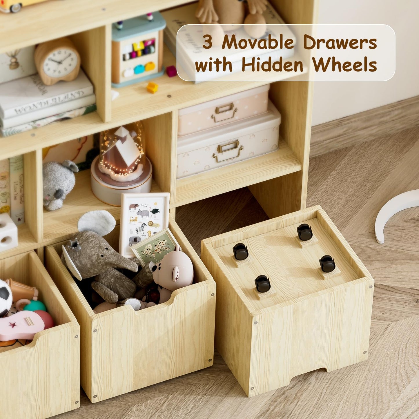 EXPERLAM Toy Storage Organizer, Toy Organizer with 3 Movable Drawers and 5 Storage Cubes, Toy Storage Chest with Hidden Wheels, Kids Bookshelf for Playroom, Burlywood