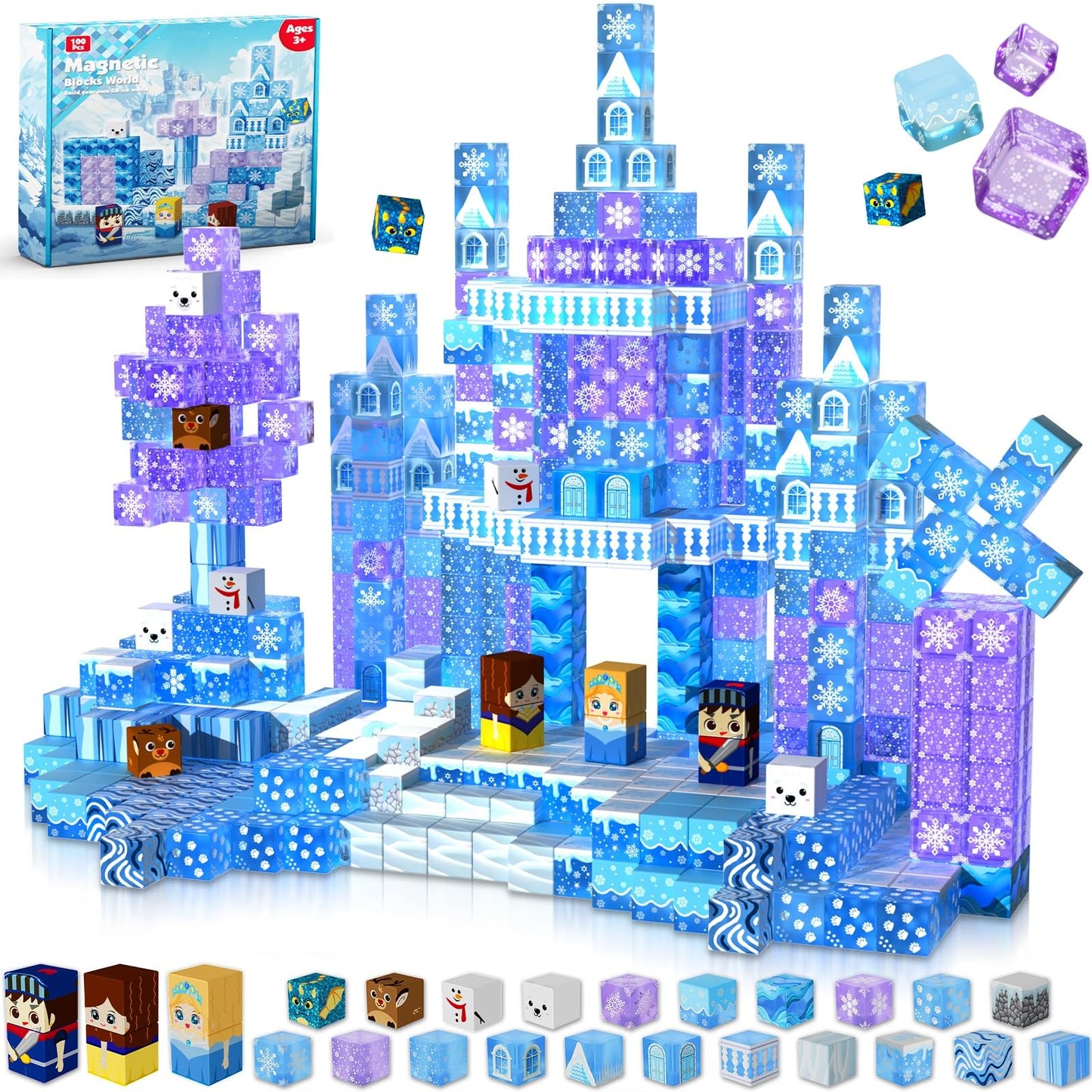 Magnetic Blocks - 100Pcs 0.8in Magnetic Building Block for Kids Ages 4-8, Transparent Magnet Block Blue Princess Castle, Magnet Cubes Tiles Princess Toy for Girl 3 4 5 6 7 8-12 Birthday Gift