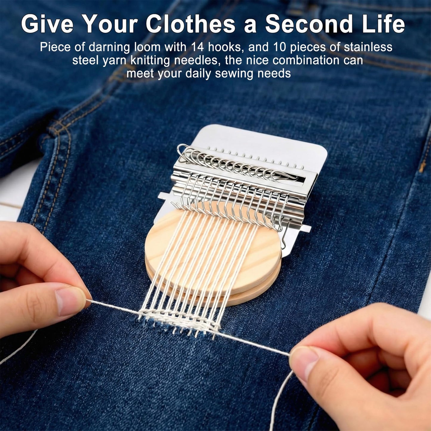Mini Darning Loom Mushroom Kit, 14 Hooks Small Weaving Tool for Socks Jeans Mending, Knit Patch Repair, Set Includes Large Eye Needles, 50 Colors Threads for Handcraft DIY Weaving Beginners Projects