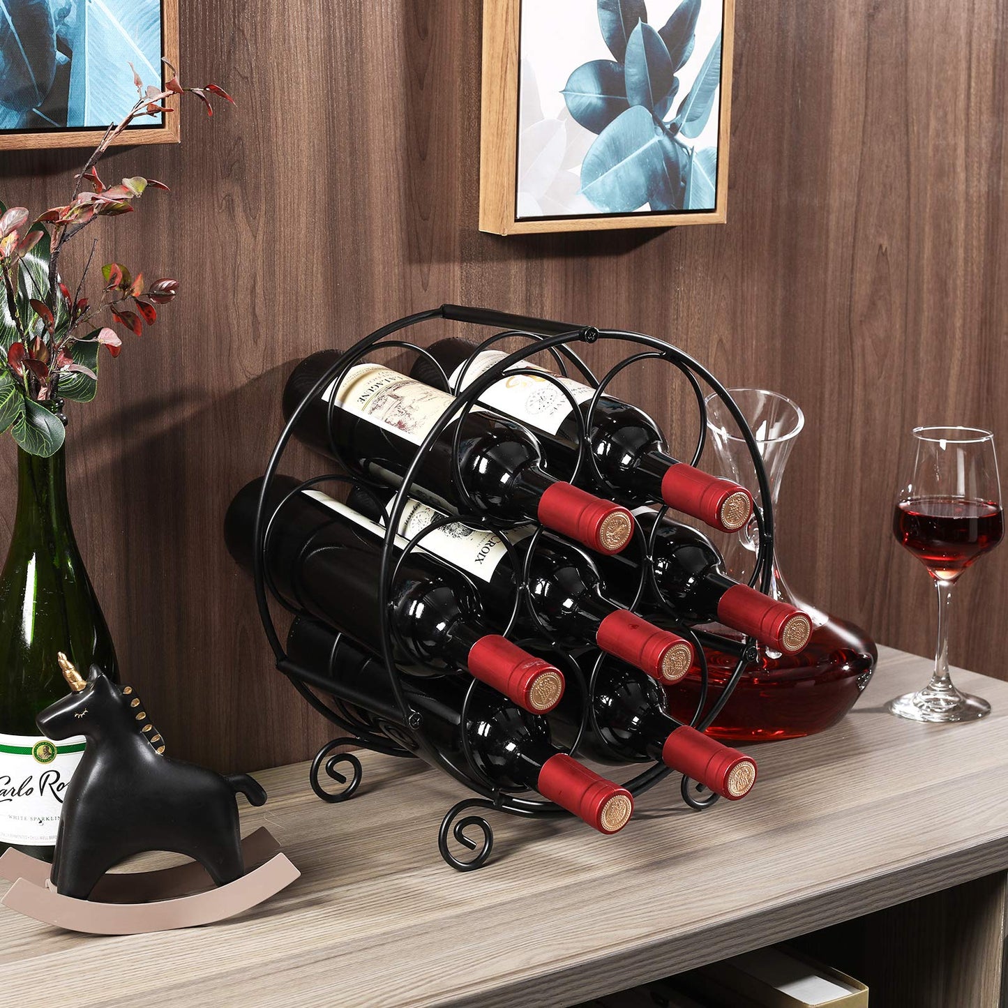 PAG 7 Bottles Freestanding Countertop Wine Rack, Metal Small Table Top Wine Rack, Drink Organizer Bottle Holder, Kitchen Organizers and Storage, Black