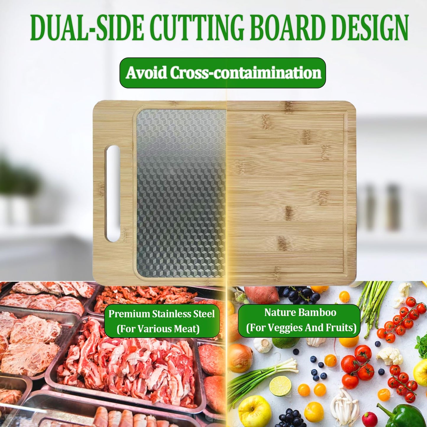 Double Sided Bamboo&Stainless Steel Cutting Board with Juice Groove and Handle, Non Toxic, Wooden Chopping Boards for Kitchen,Charcuterie Board,Ideal Gift for Housewarming(15”×11”Large YC)