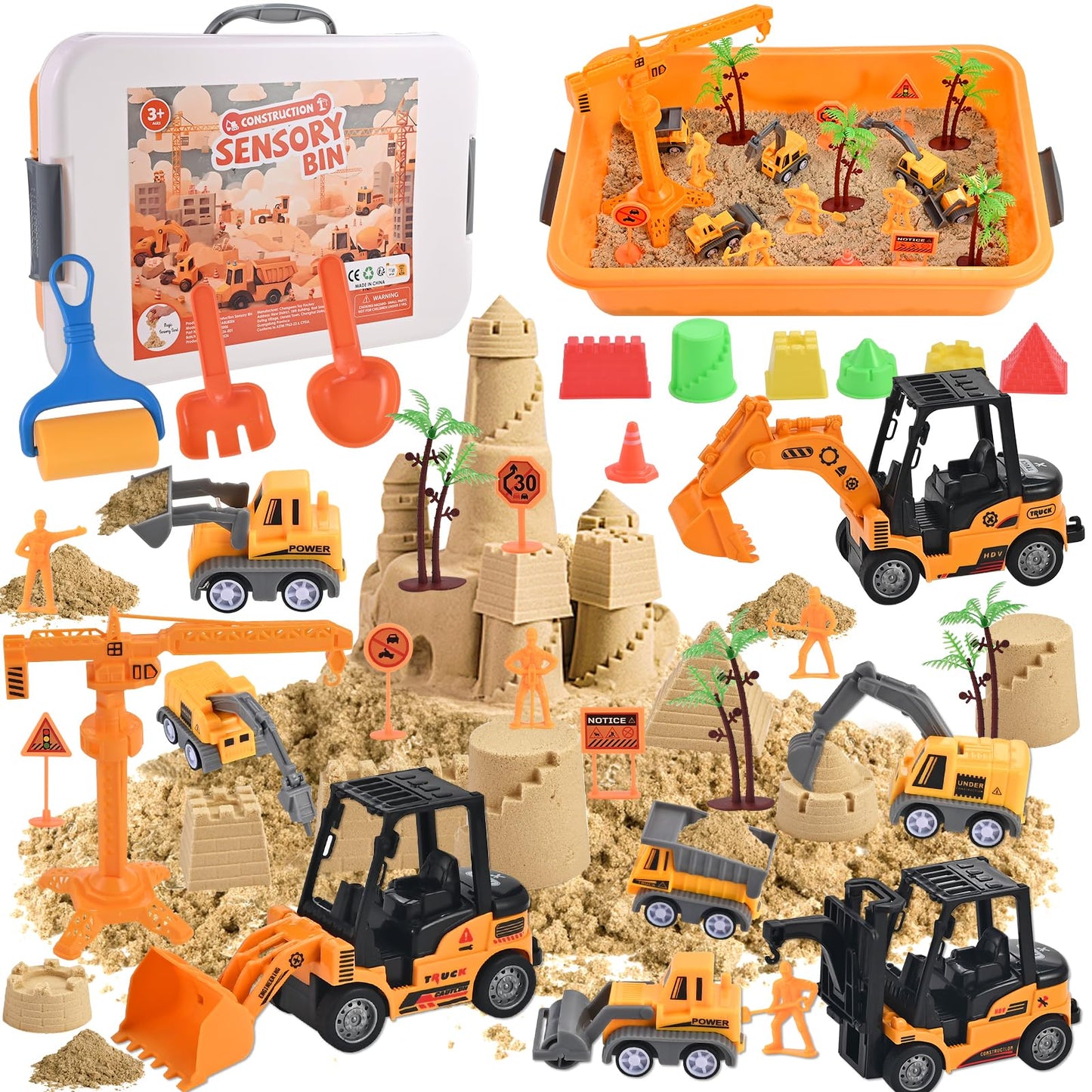 34Pcs Sand Construction Site Kit Sensory Bin Toy for Toddler with 8 Vehicles, 6 Castle Molds, 5 Road Signs, 4 Worker Figures, 2.2lbs Sand, Learning Sand Toys Birthday Gift for Kids Boys Ages 3 4 5