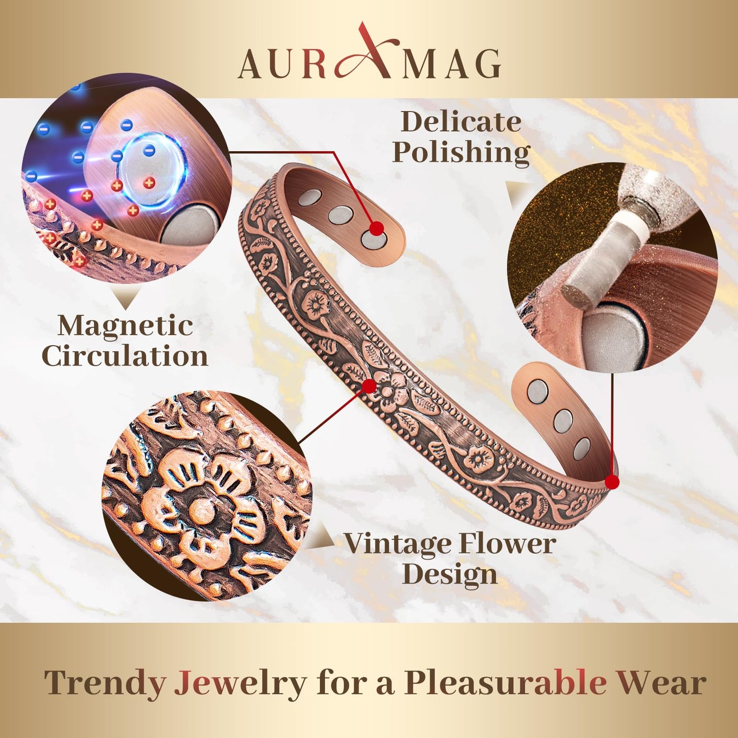 Auramag Magnetic Bangle for Women, Copper Cuff Bangle with 3500 Gauss Magnets, 100% Pure Copper Jewelry Gift Adjustable (2 PCS)