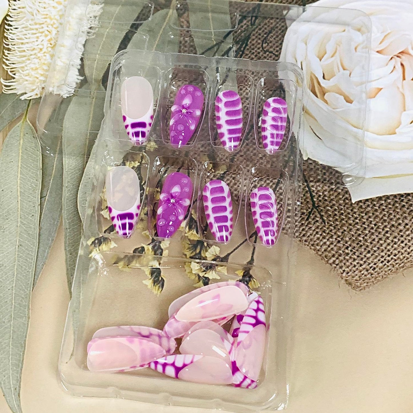 FIEONCIY Press on Almond Nails Short Length Glossy Acrylic Almond Shaped False Nails with Designs Artificial Medium Fake Nails with Charms Glue Stick on Fingernails for Women Girls(WSJ2402)
