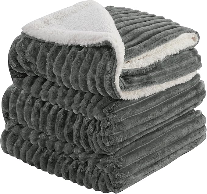 INFIIXSO Sherpa Fleece King Size Blanket - Super Soft & Warm Striped Fleece, Cozy Plush Fluffy Large Bed Blanket All Season Use (Grey, 104x90 Inches)