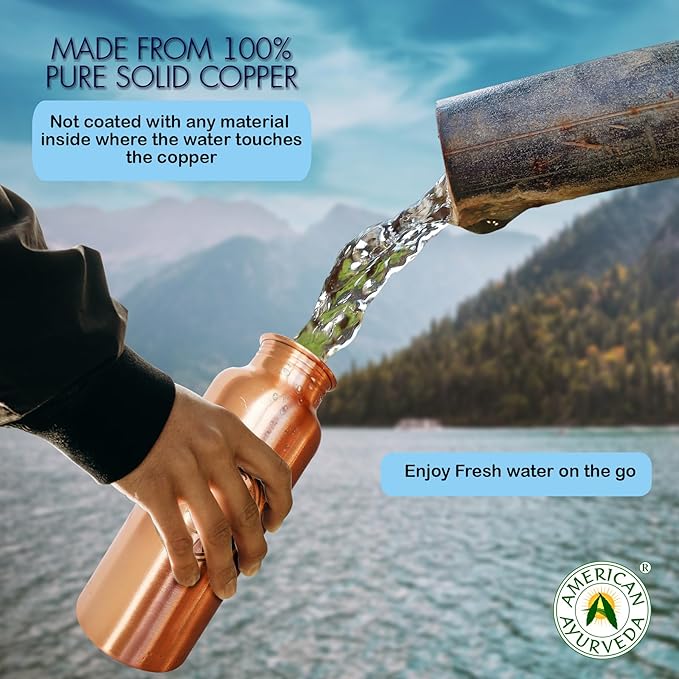 A American Ayurveda 100% Pure Copper Water Bottle for drinking, Jointfree, Leakproof, Natural Ayurveda Health Benefits, Copper bottle, Alkaline Water 600ml (20Oz) Capacity