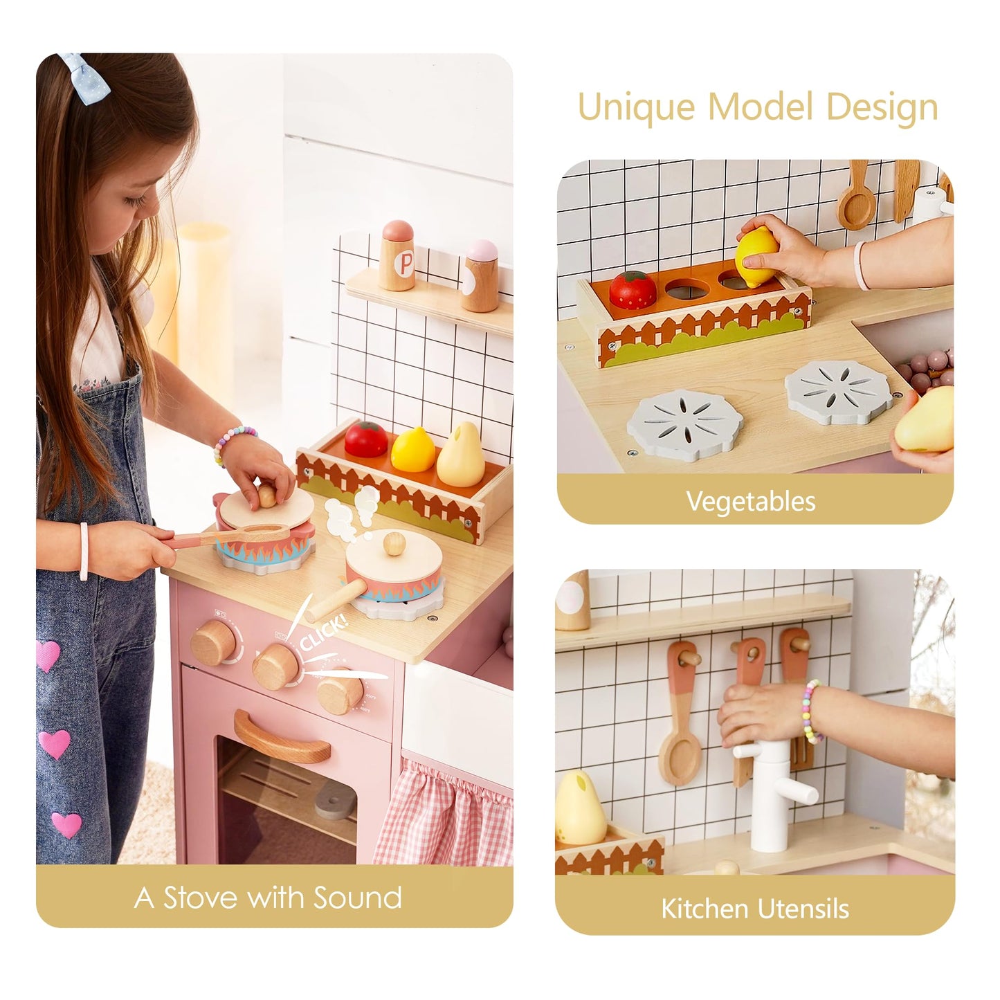 Pink Wooden Play Kitchen with Realistic Features & Accessories, Pretend Cooking Toy for Kids 3+, Ideal Gift for Toddler Boy and Girls