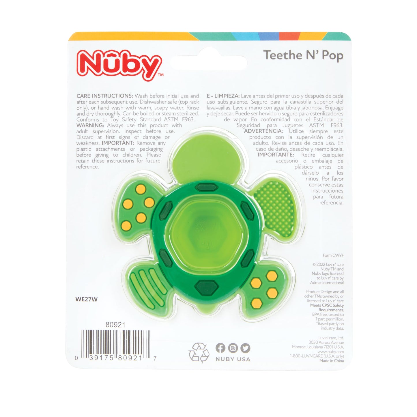 Nuby Teethe N' Pop Sensory Play Teether - Baby Teething Toy - 3+ Months - Turtle