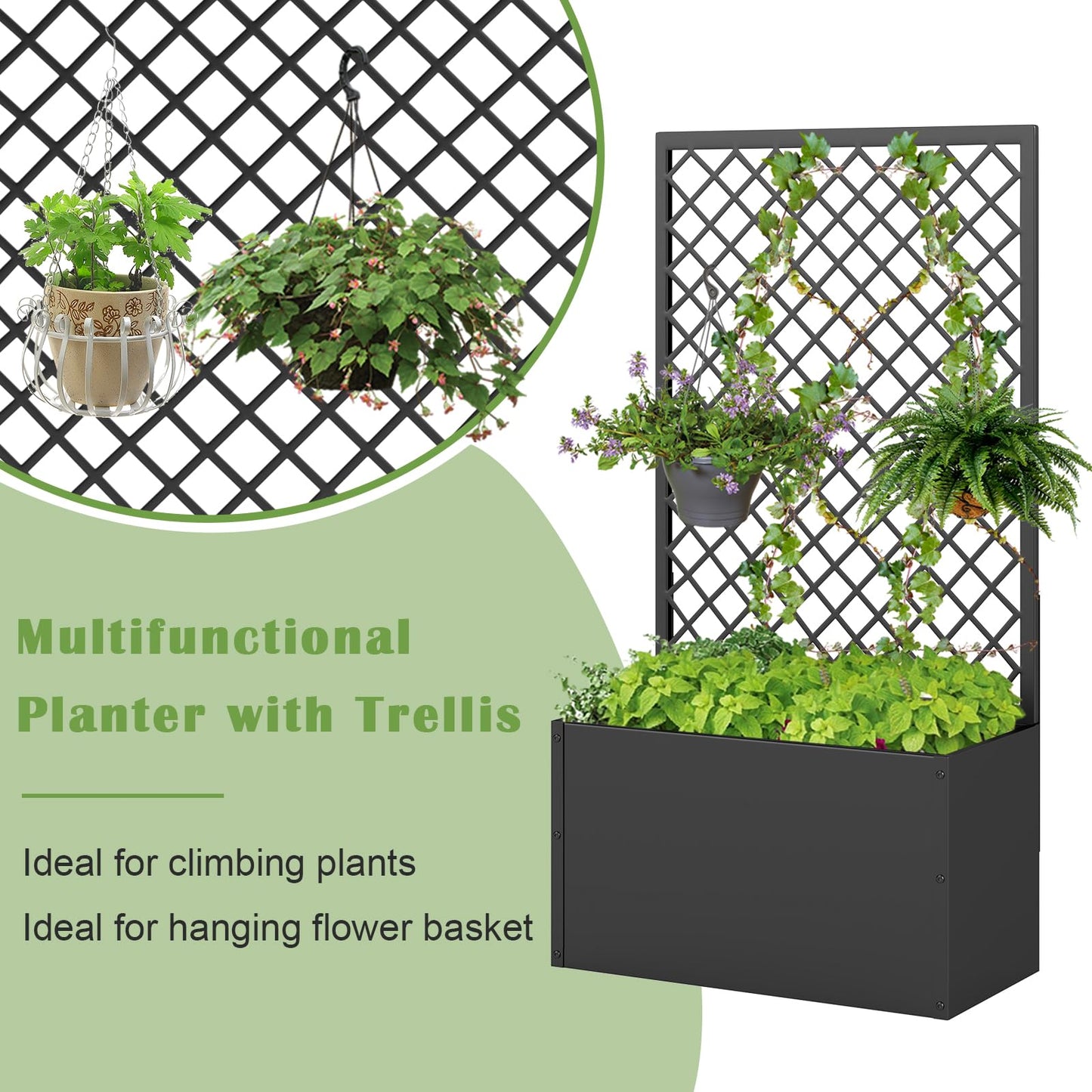 kinbor Planter with Trellis - Metal Planter Boxes Outdoor, Raised Garden Bed with Lattice Trellis for Climbing Plants, Black Flower Boxes Outdoor