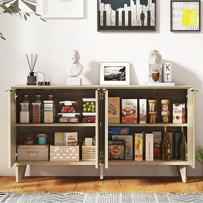 Fluted Cabinet with Storage, Buffet Storage with 4 Doors, Buffet Sideborad Accent Cabinet with Adjustable Shelves for Living Room, Kitchen, Entry, Hallway, Natural