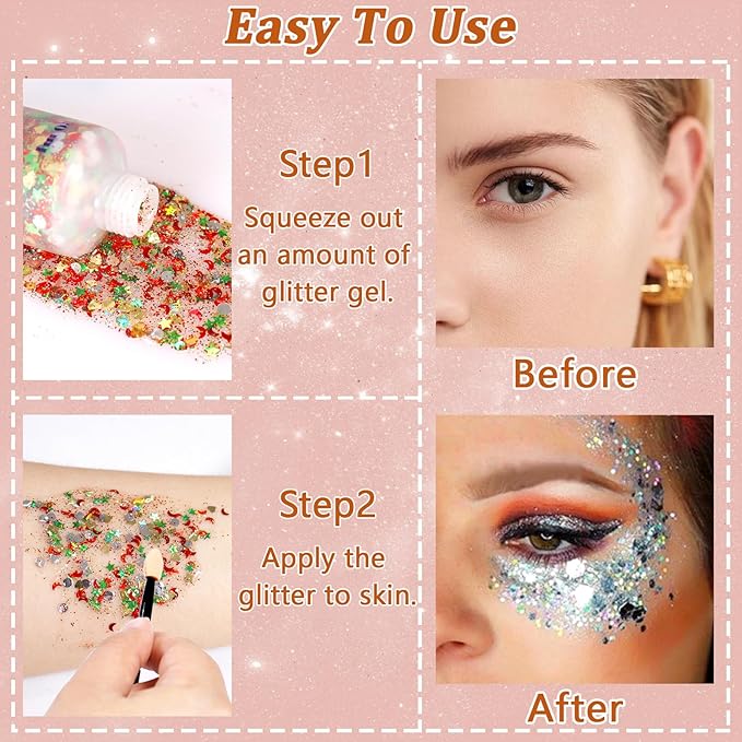 Boko 50ML Body Glitter Gel, Red Green Mardi Gras Chunky Glitter Gel for Face Hair Body Sparkle Makeup, Cosmetic Mermaid Face Glitter Sequins for Mardi Gras Concert Party Event Rave Accessories
