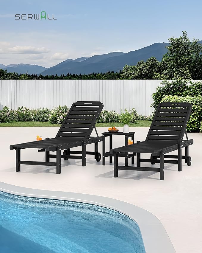SERWALL Outdoor Chaise Lounge Set of 6, HDPE Pool Lounge Chair with 5-Position Adjustable Backrest, Patio Lounger with Rolling Wheels & Cup Holder for Pool, Black
