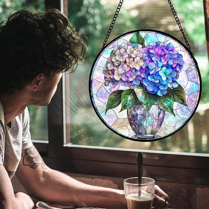 Stained Glass Window Hanging, Blue Purple Hydrangea Flowerpot Suncatcher for Doors Home Sun Catchers Decoration and Christmas, Mother's Day Birthday Gifts for Women, Men, and Mom 9.8 in