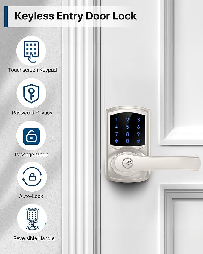 HIDALIFE Keyless Entry Door Lock, Electronic Keypad Door-Lock with Handle, Touchscreen, Auto-Locking, Anti-peep Password, Easy to Install for Front Door, Home, Office, Satin Nickel