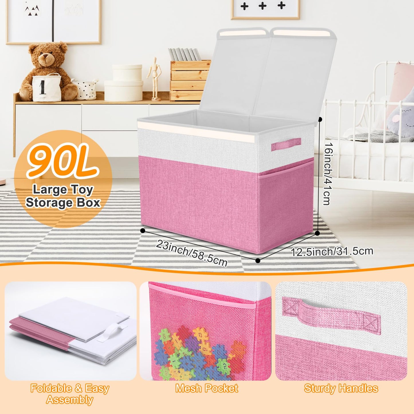 Fiwochic 3 Pack Large Storage Bins Set 23" Toy Chest Storage with Lids and 11" Cubes Organizer Bins for Kids Bedroom Closet Shelf Organizer for Clothes Blankets Nursery Playroom(Pink White)