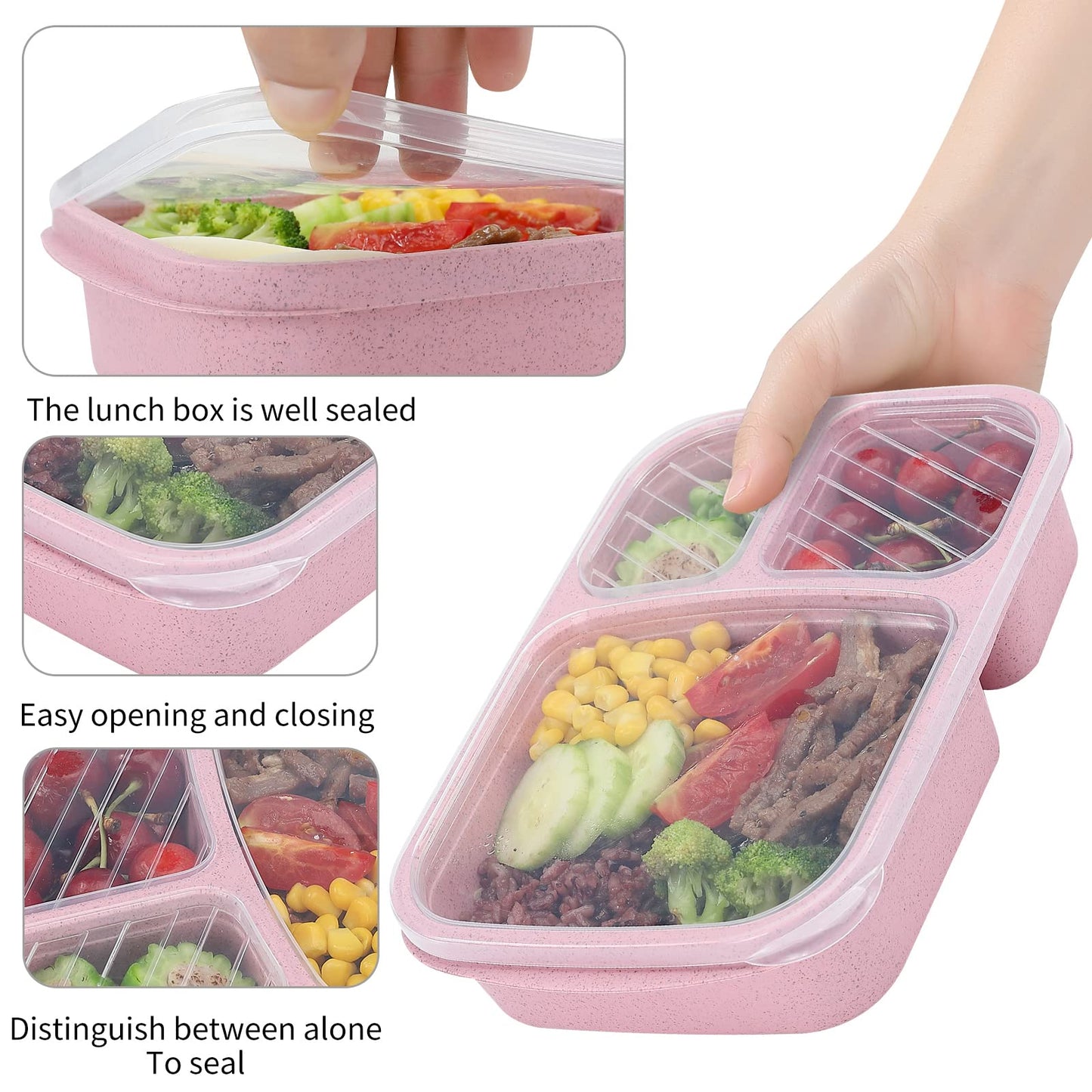buluker 4 Pack Bento Lunch Box Set 3 Compartment Food Storage Containers Wheat Straw Meal Prep Lunch Box Plastic Food Storage Containers, Microwave and Dishwasher Safe (light colour)