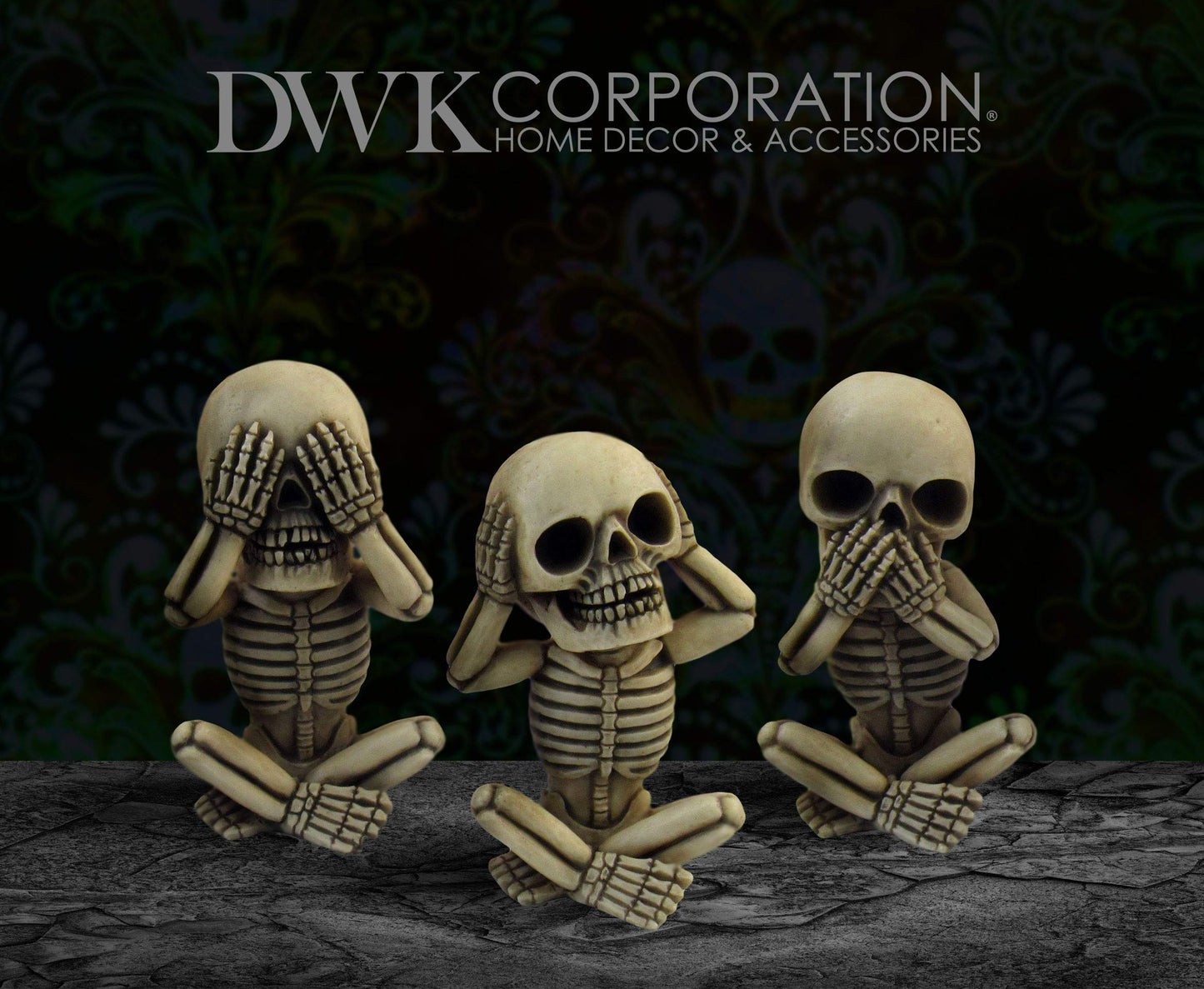 DWK Morbid Morals See Hear Speak No Evil Mini Skeleton Figurines | Macabre for Halloween Gothic Home Decor | Office Desk Decorations | Halloween Decorations - 4" (Set of 3)