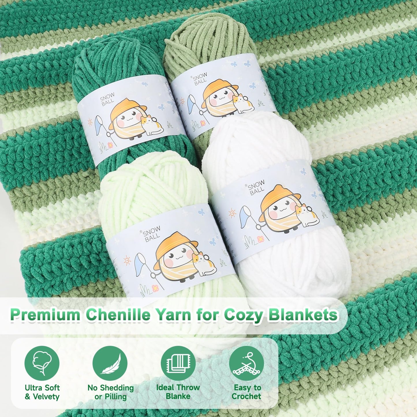 Reessy Crochet Blanket Kit for Beginners Adults – Gradient Green Ombre Throw Blanket Kit with Soft Chenille Yarn, Hooks & Instructions – Handmade Crochet Starter Set for Adults