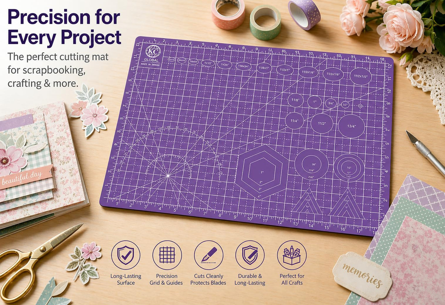 KC GLOBAL A3 (19"x13") Professional Grade Self-Healing Cutting Mat (Purple) - Odor-Free, Double-Sided, Eco-Friendly, Non-Slip, Premium Desk mat for DIY, Crafting, Model Building,and Art Projects