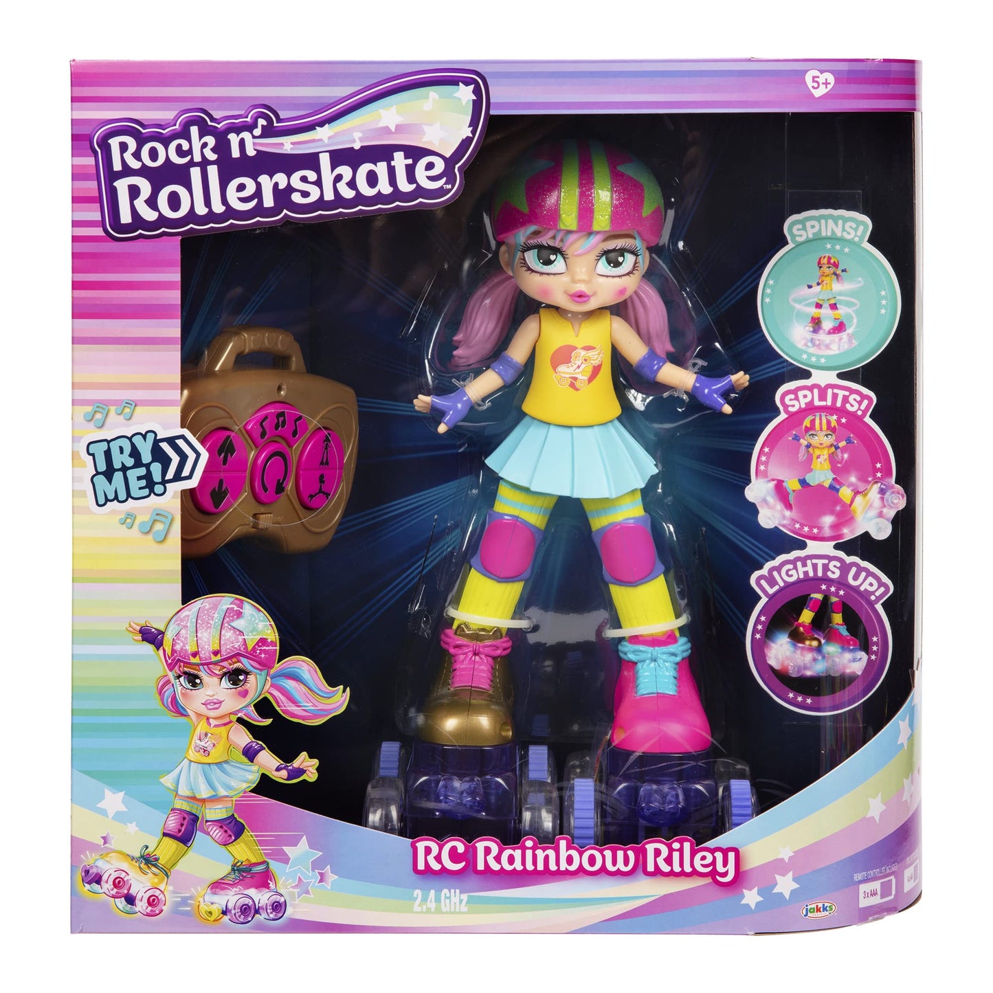 Rock N Rollerskate Doll Rainbow Riley Light Up Remote Control Rollerskating Doll - Plays Music and Skates!, 10" H