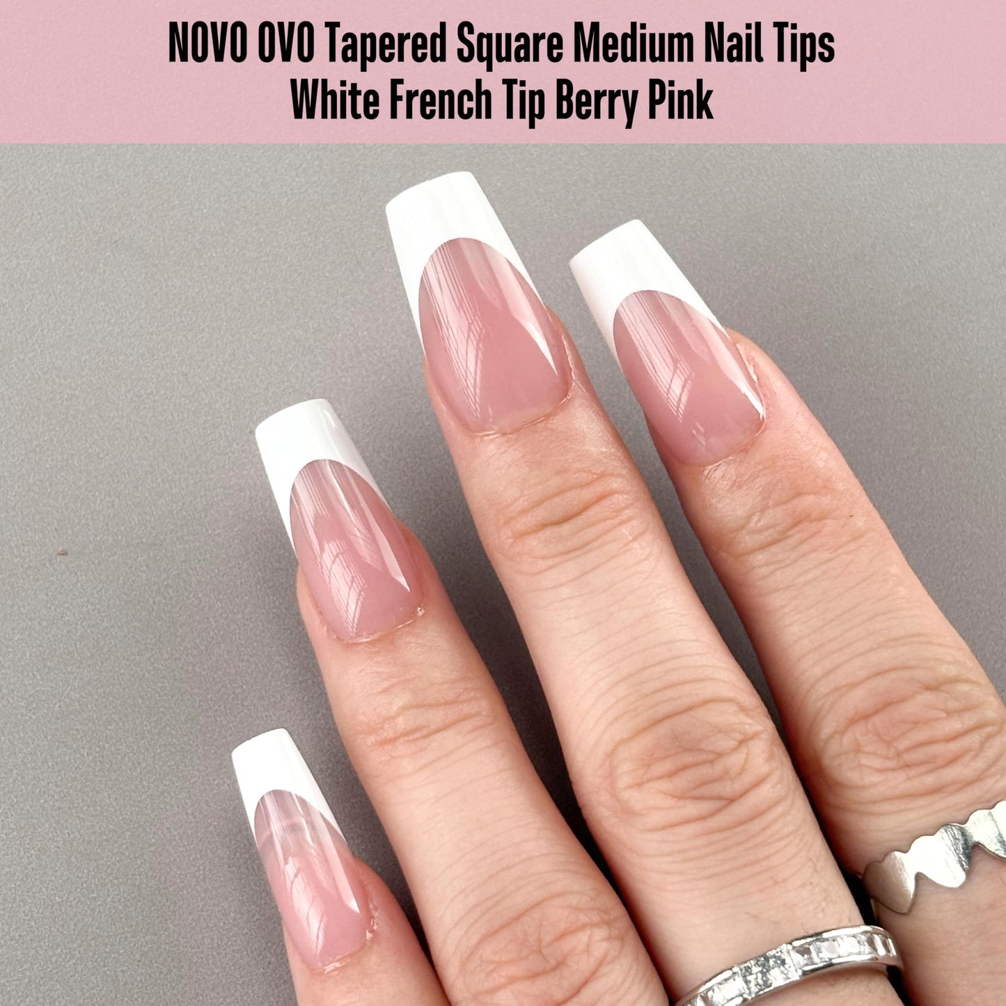 NOVO OVO White French Tip Medium Coffin Nail Tips Press on, BERRY PINK, Extra Thick Soft Gel Fake Nail Acrylic Extension, Need Builder Gel Top Coat, No Glue Included, for Salon DIY 15 Sizes x 240 pcs