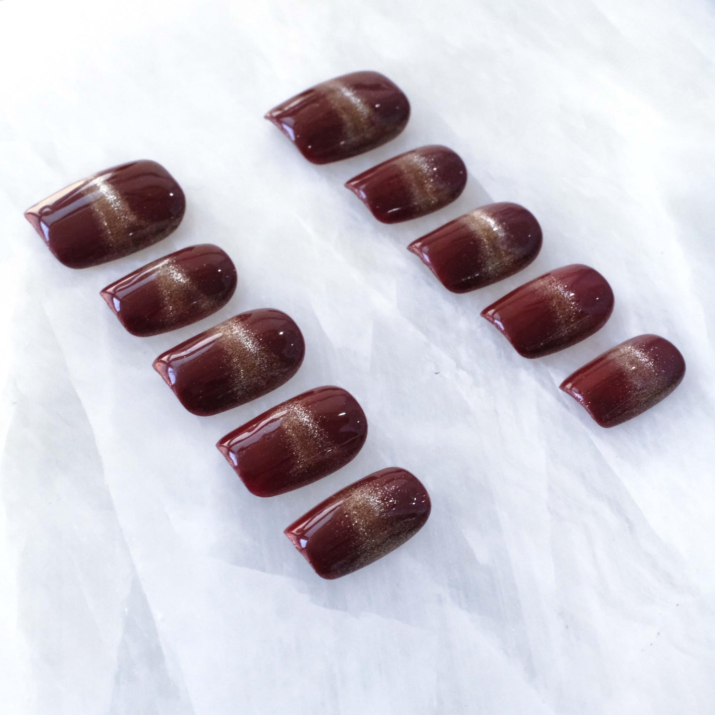 GLORS Wine Red & Gold Press on Nails, Handmade Reusable False Nails with Luxe Sheer Glitter Design, Short Square Shape, 10 Pieces (Small, SS)